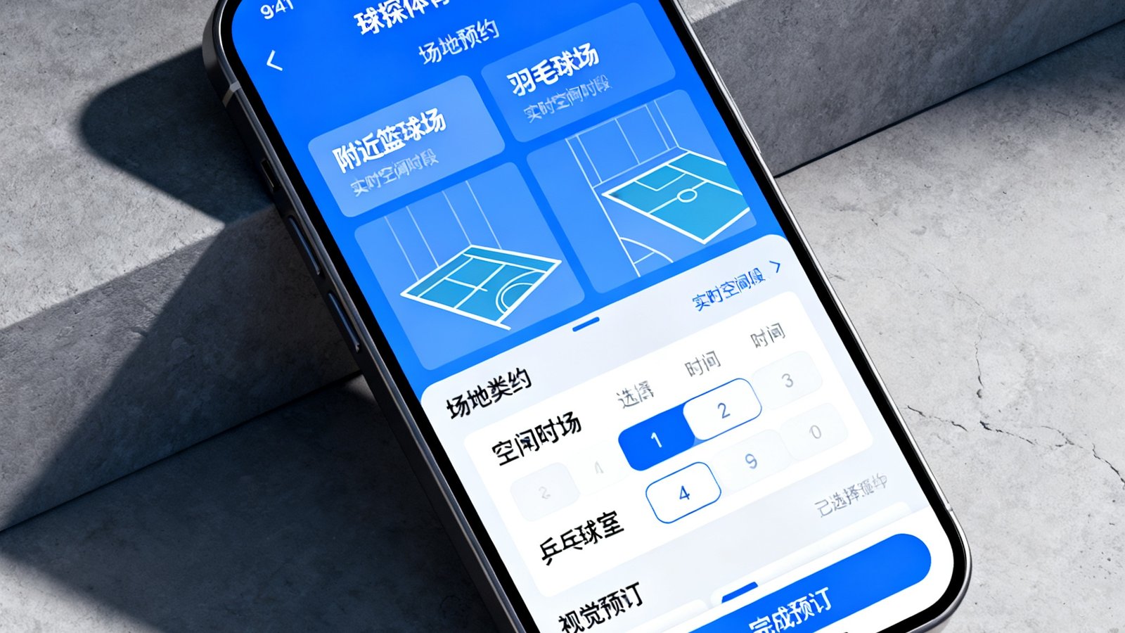一部智能手机屏幕显示球探体育小程序的场地预约界面，页面上清晰展示附近篮球场、羽毛球场和乒乓球室的实时空闲时段，用户可一键选择时间并完成预约。