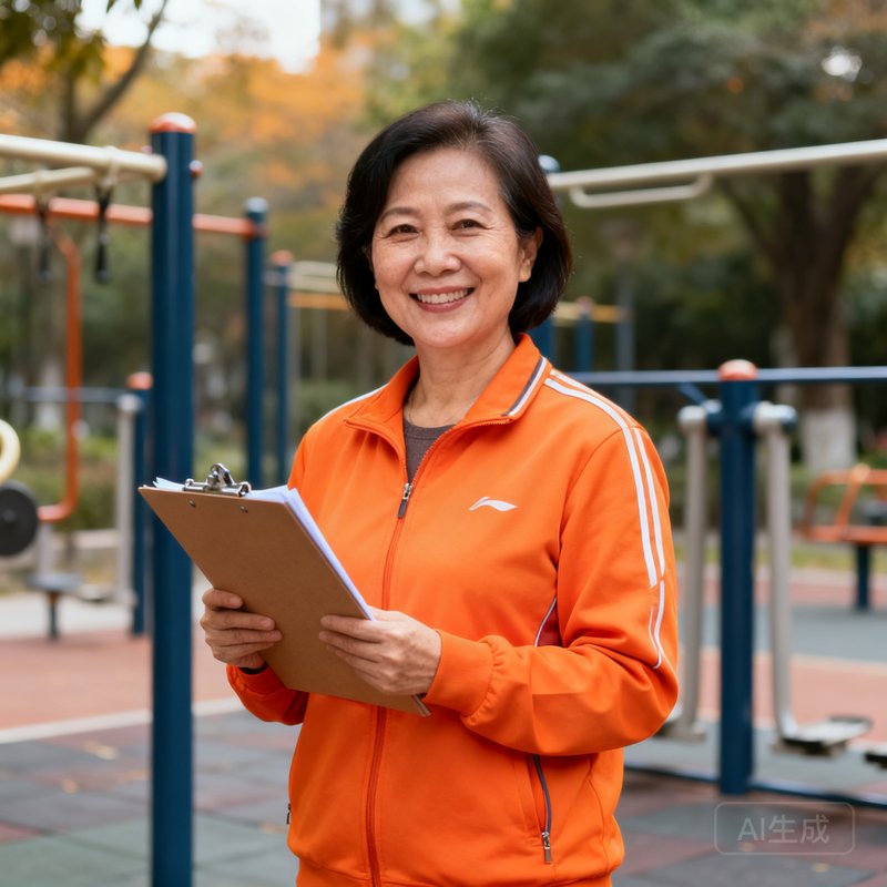 社会体育指导员总监林慧芳，45岁女性，身穿橙色运动外套，手持文件夹站在社区健身广场上，笑容亲切专业。