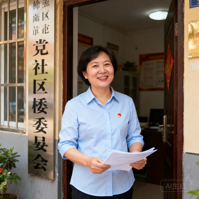 社区联络主管周雅琴，38岁女性，身穿浅蓝色衬衫，站在社区居委会门口，手里拿着合作文件，表情温暖真诚。